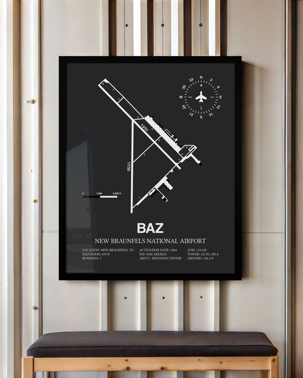 Framed Detailed Airport Map of New Braunfels National Airport (BAZ) in Gray with a Black Frame