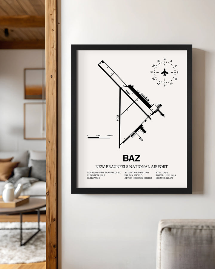 Framed Detailed Airport Map of New Braunfels National Airport (BAZ) in White with a Black Frame