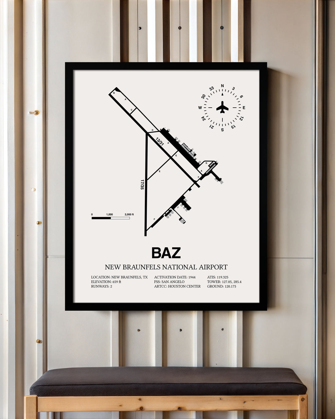 Framed Detailed Airport Map of New Braunfels National Airport (BAZ) in White with a Black Frame
