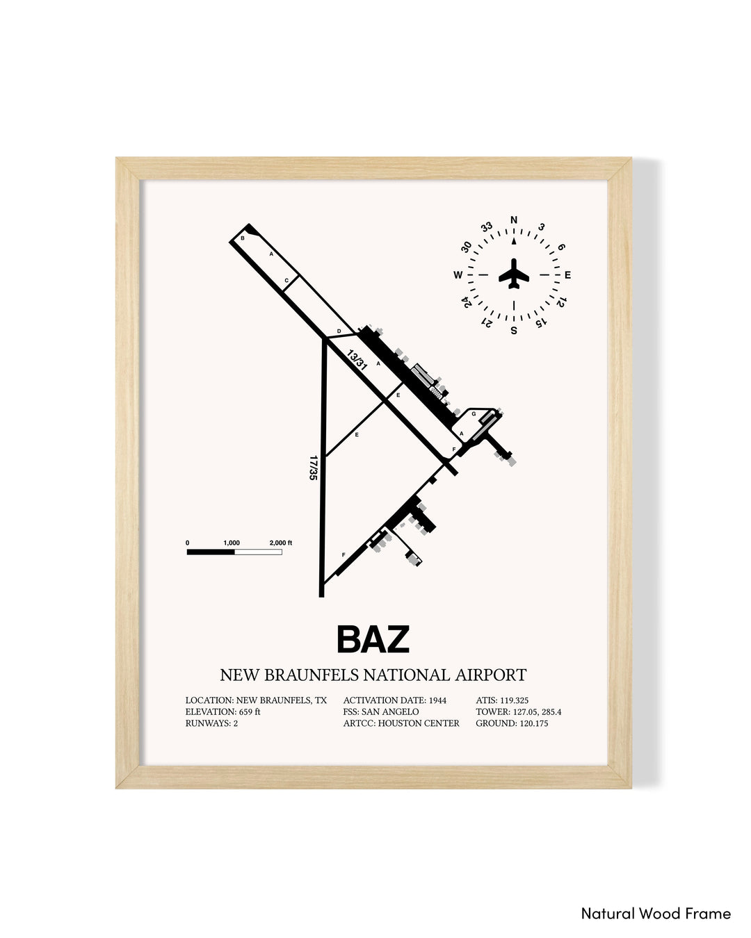Detailed Airport Map of New Braunfels National Airport (BAZ) in White with a Natural Frame