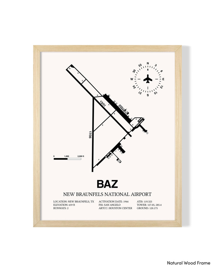 Detailed Airport Map of New Braunfels National Airport (BAZ) in White with a Natural Frame