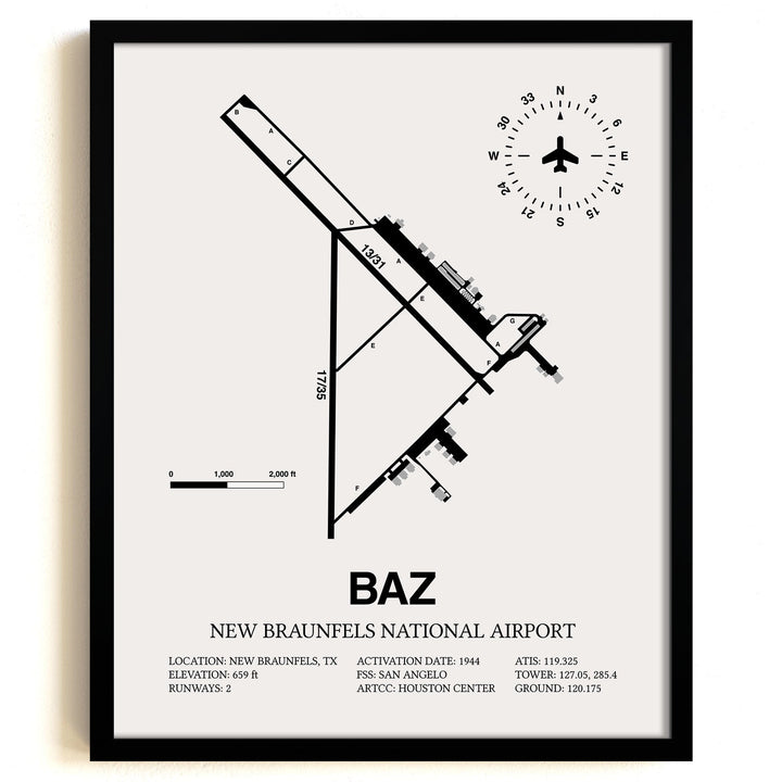 Framed Detailed Airport Map of New Braunfels National Airport (BAZ) in White with a Black Frame