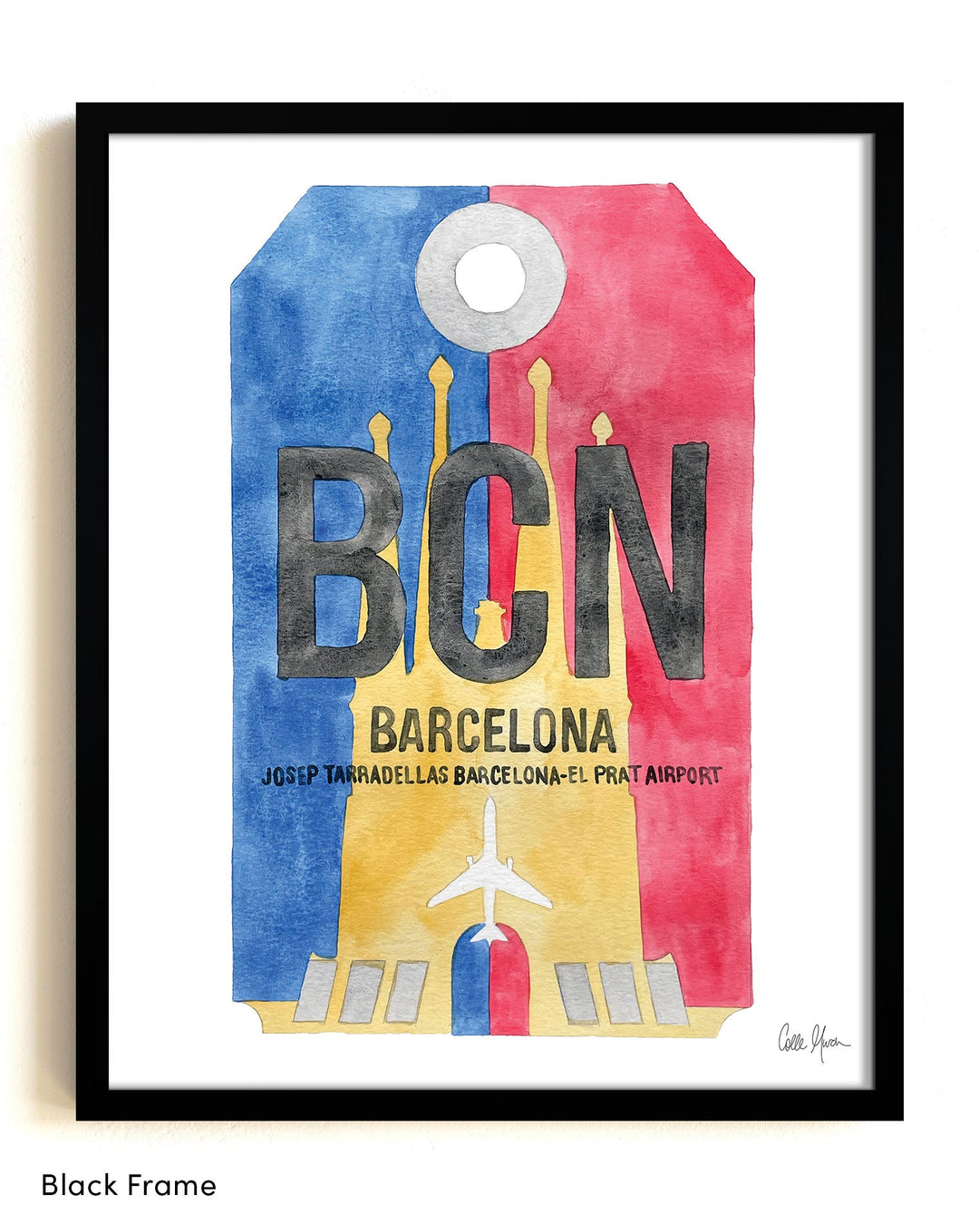 Framed Watercolor Print of Josep Tarradellas Barcelona-El Prat Airport (BCN) with a Black Frame