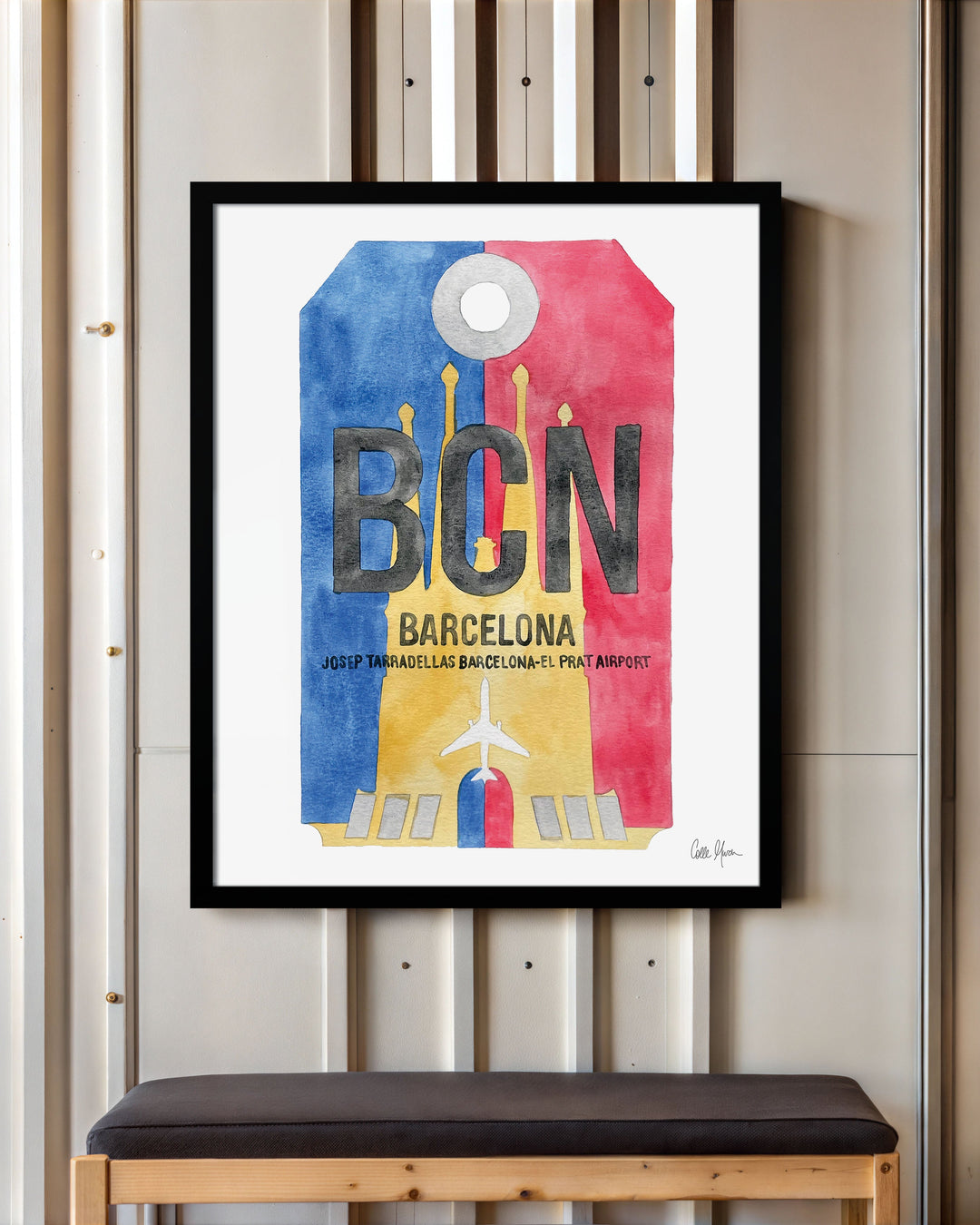 Framed Watercolor Print of Josep Tarradellas Barcelona-El Prat Airport (BCN) with a Black Frame