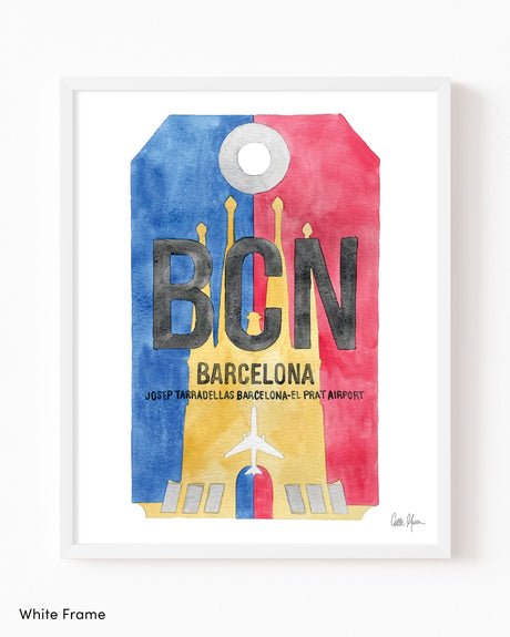 Framed Watercolor Print of Josep Tarradellas Barcelona-El Prat Airport (BCN) with a White Frame