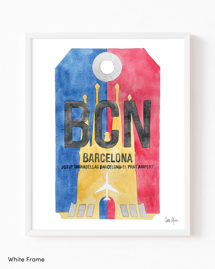 Framed Watercolor Print of Josep Tarradellas Barcelona-El Prat Airport (BCN) with a White Frame