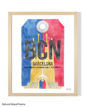 Framed Watercolor Print of Josep Tarradellas Barcelona-El Prat Airport (BCN) with a Natural Wood Frame