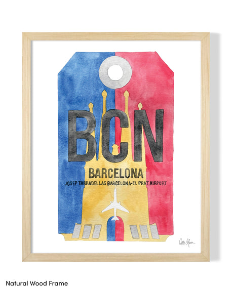 Framed Watercolor Print of Josep Tarradellas Barcelona-El Prat Airport (BCN) with a Natural Wood Frame