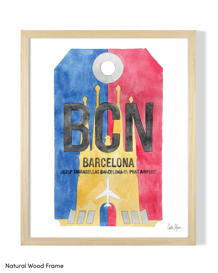 Framed Watercolor Print of Josep Tarradellas Barcelona-El Prat Airport (BCN) with a Natural Wood Frame