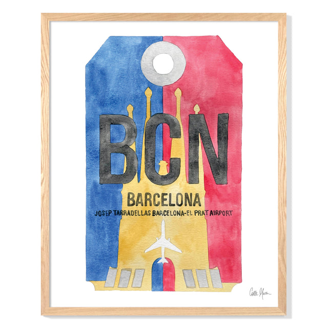Framed Watercolor Print of Josep Tarradellas Barcelona-El Prat Airport (BCN) with an Oak Frame