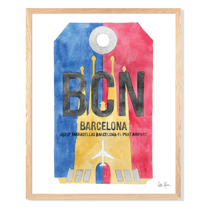 Framed Watercolor Print of Josep Tarradellas Barcelona-El Prat Airport (BCN) with an Oak Frame