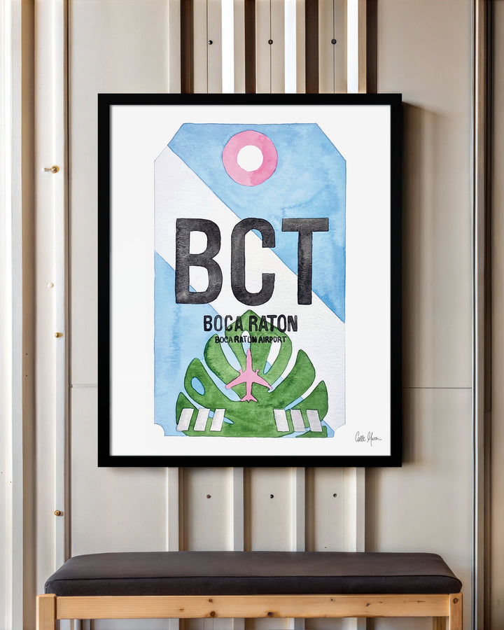 Framed Watercolor Print of Boca Raton Airport (BCT) with a Black Frame