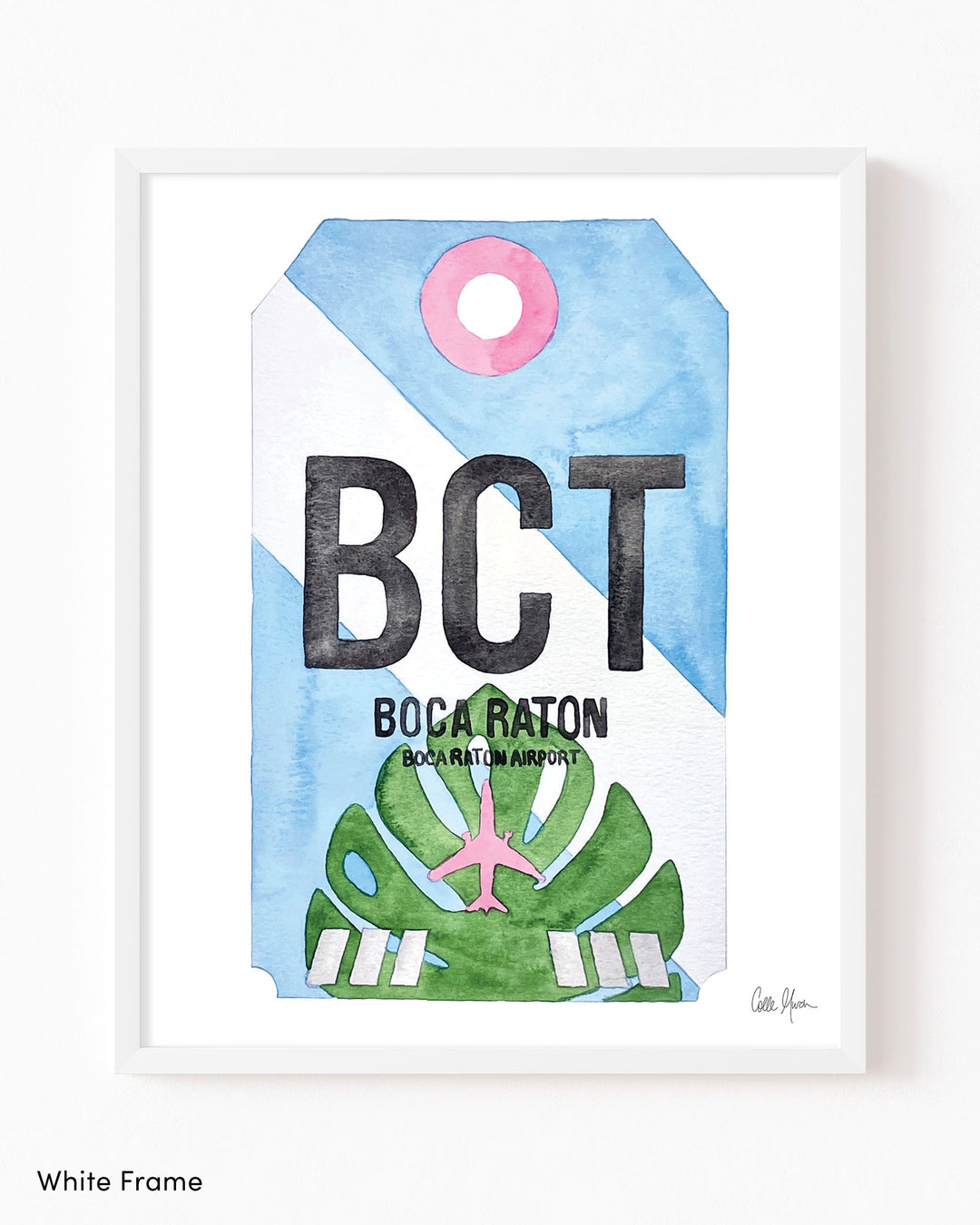 Framed Watercolor Print of Boca Raton Airport (BCT) with a White Frame