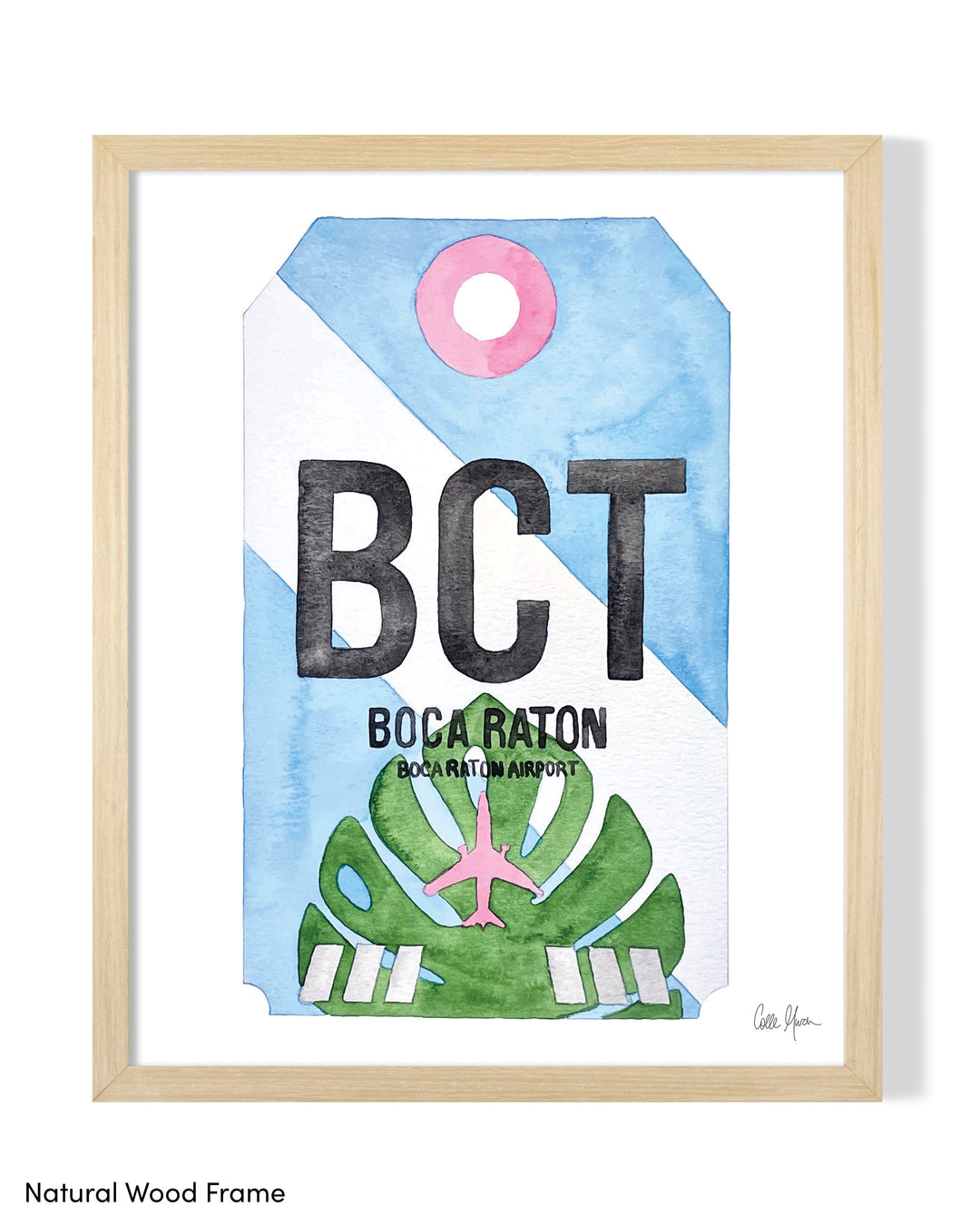 Framed Watercolor Print of Boca Raton Airport (BCT) with a Natural Wood Frame