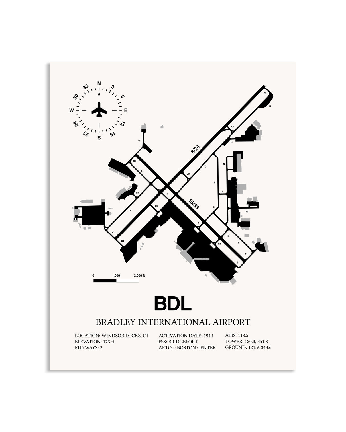 Gray Bradley International Airport framed poster displayed in an airplane hangar