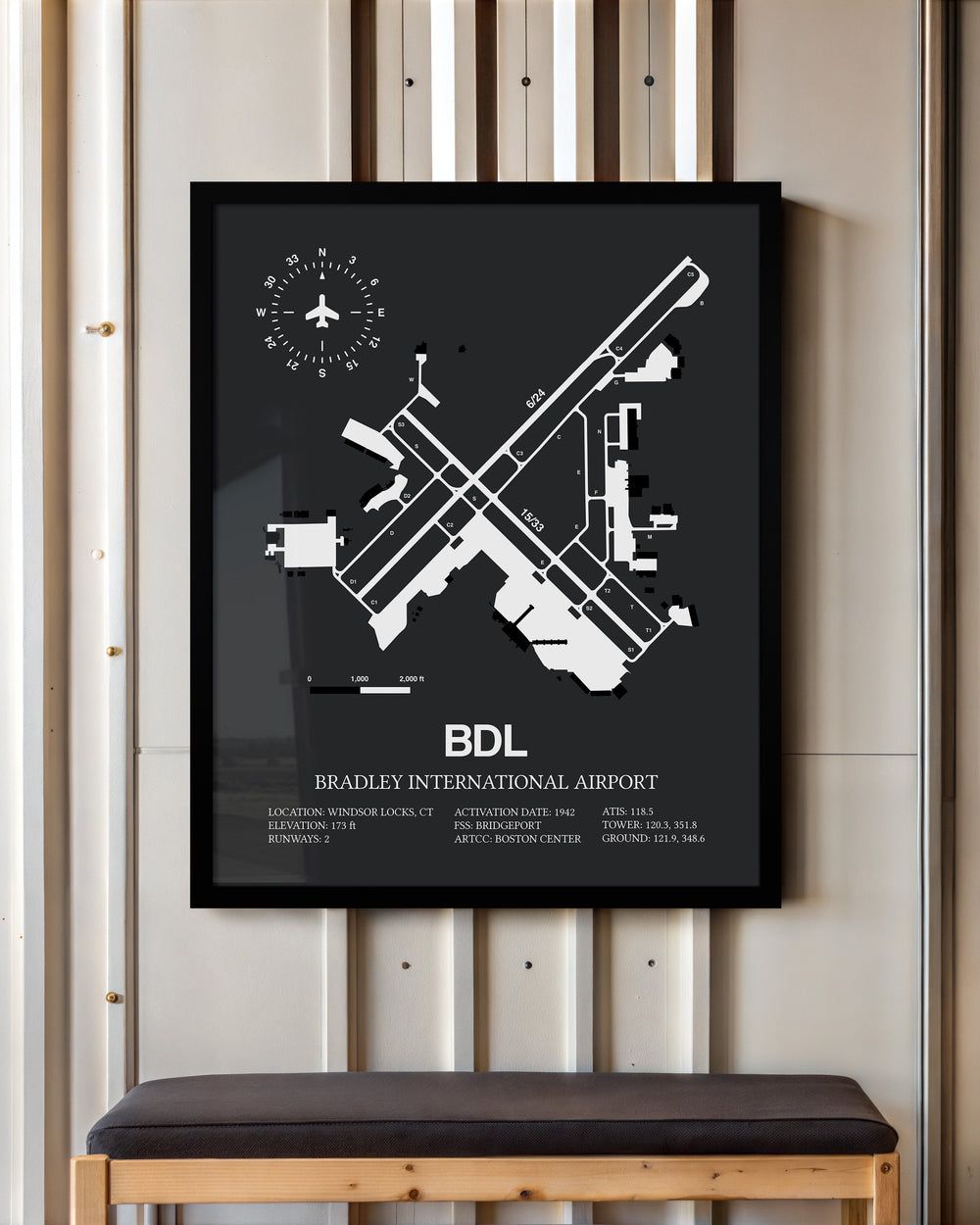 Framed Detailed Airport Map of Bradley International Airport (BDL) in Gray with a Black Frame