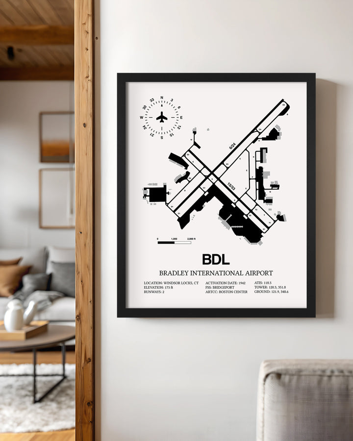 Framed Detailed Airport Map of Bradley International Airport (BDL) in White with a Black Frame