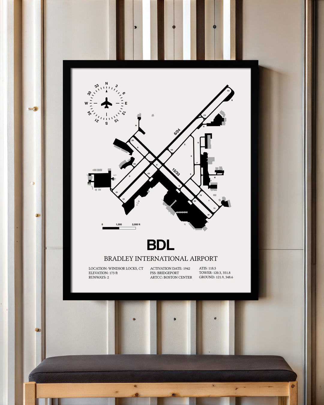 Framed Detailed Airport Map of Bradley International Airport (BDL) in White with a Black Frame