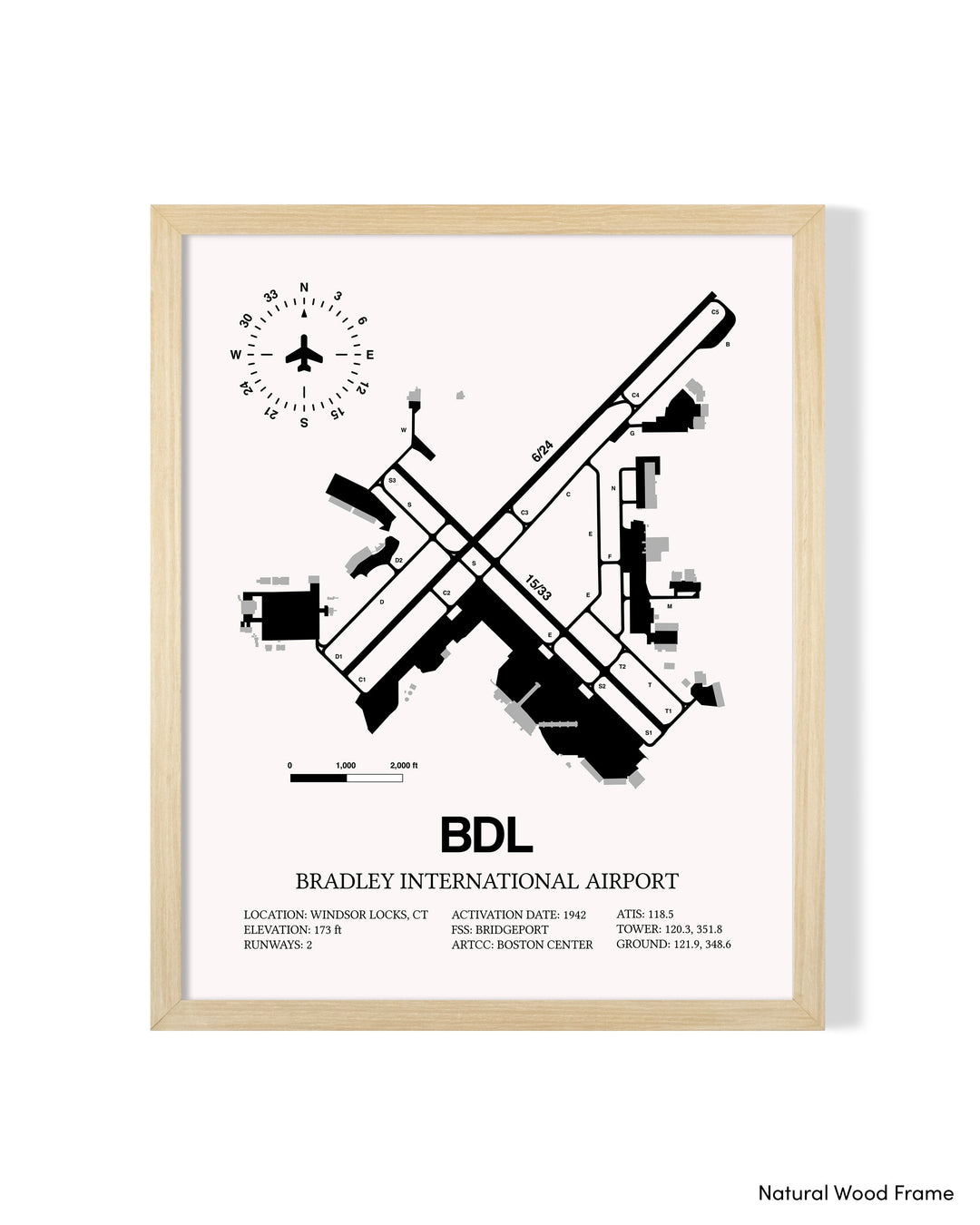 Detailed Airport Map of Bradley International Airport (BDL) in White with a Natural Frame