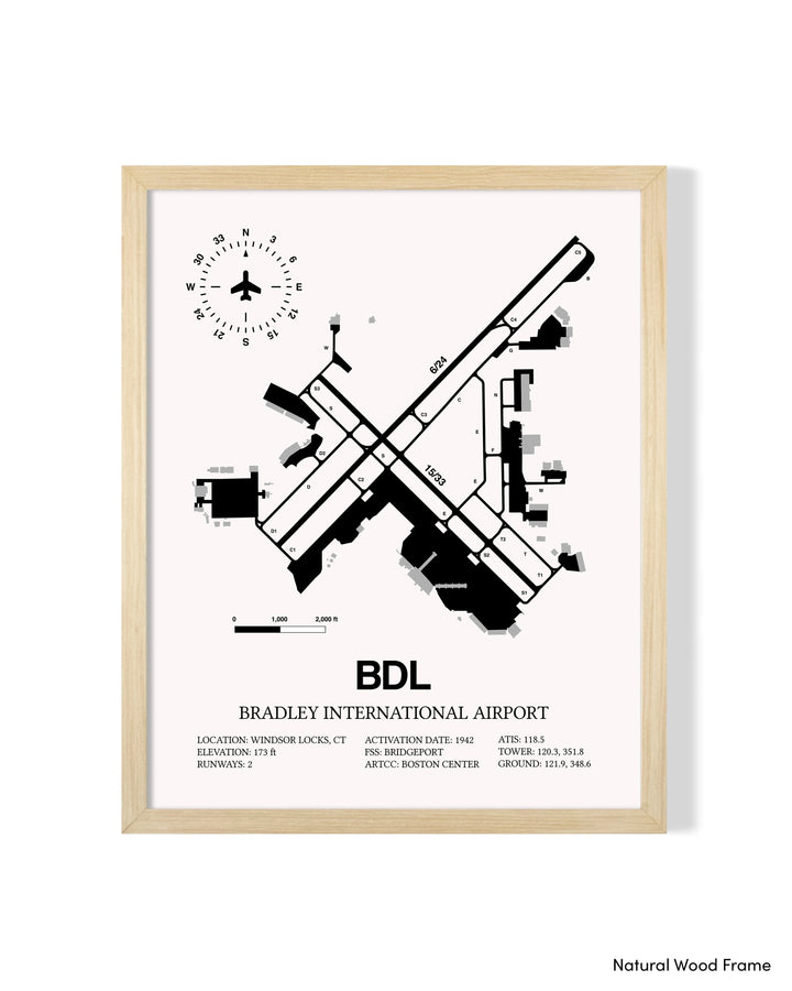 Detailed Airport Map of Bradley International Airport (BDL) in White with a Natural Frame