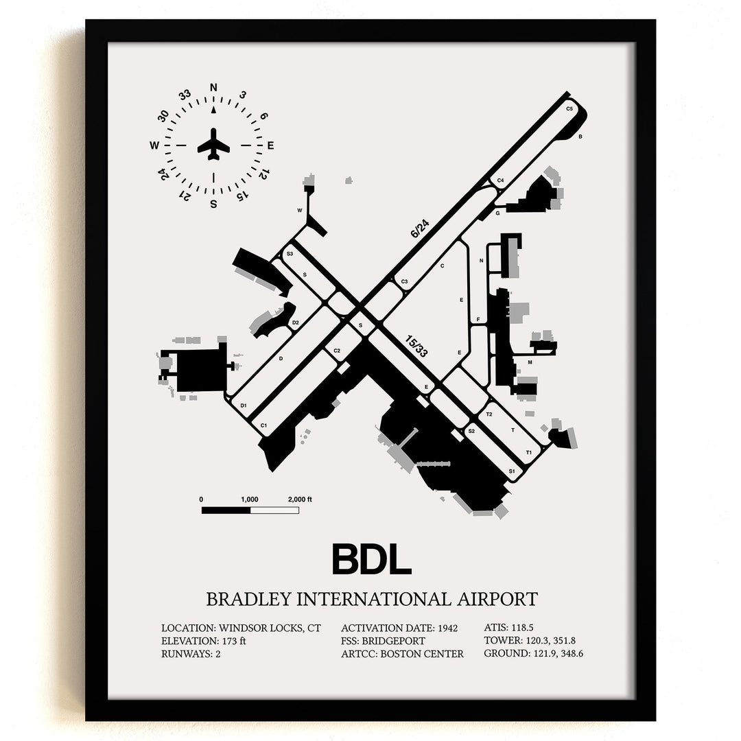 Framed Detailed Airport Map of Bradley International Airport (BDL) in White with a Black Frame