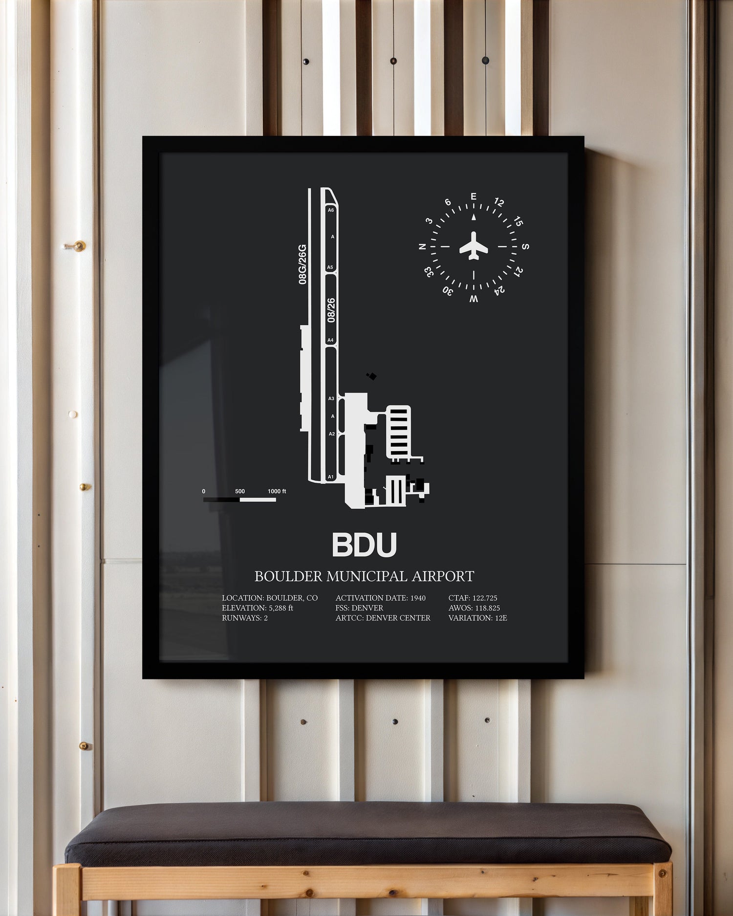 Framed Detailed Airport Map of Boulder Municipal Airport (BDU) in Gray with a Black Frame
