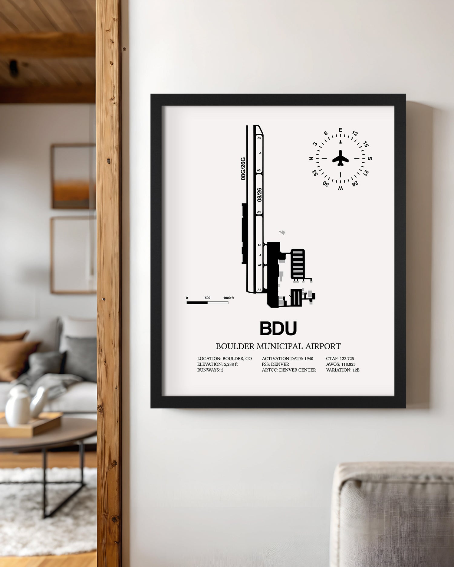 Framed Detailed Airport Map of Boulder Municipal Airport (BDU) in White with a Black Frame