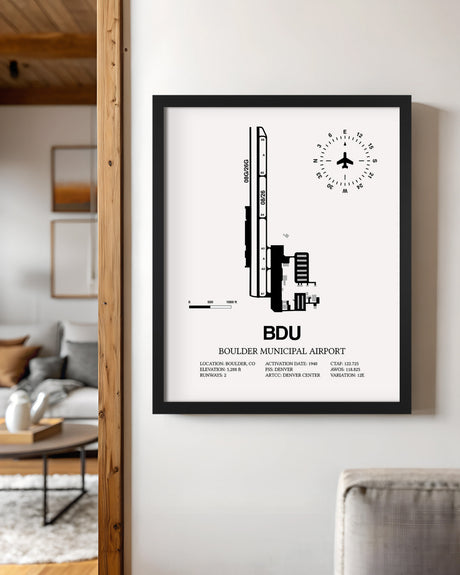 Framed Detailed Airport Map of Boulder Municipal Airport (BDU) in White with a Black Frame