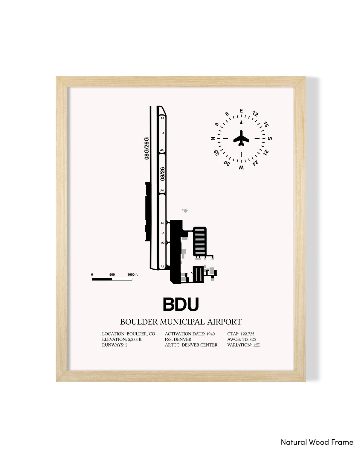 Detailed Airport Map of Boulder Municipal Airport (BDU) in White with a Natural Frame