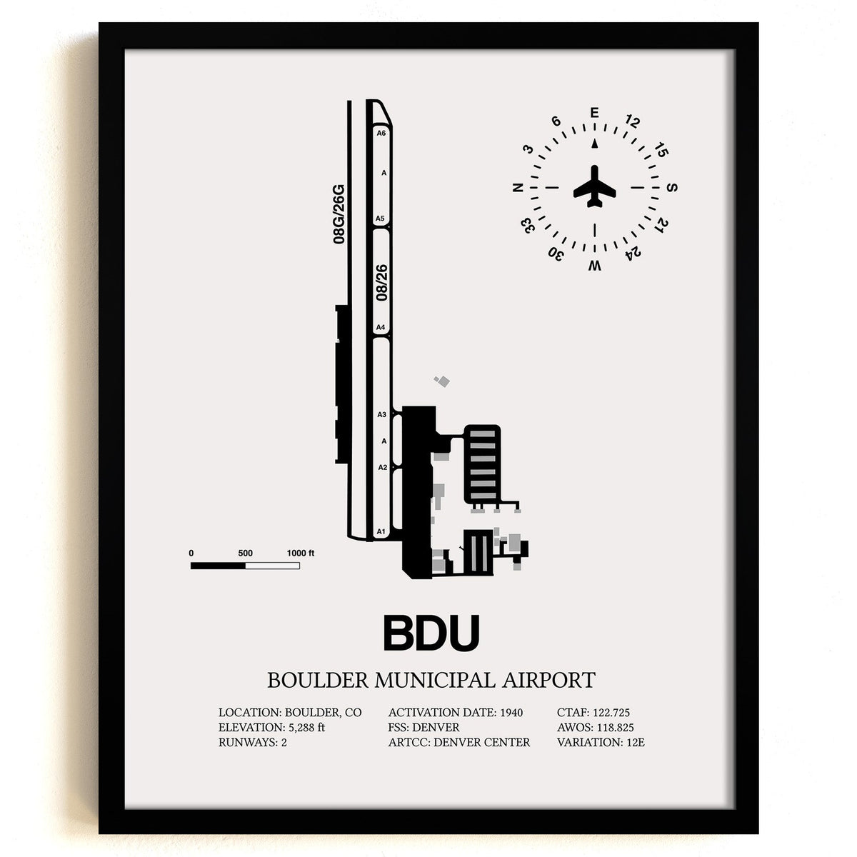 Framed Detailed Airport Map of Boulder Municipal Airport (BDU) in White with a Black Frame