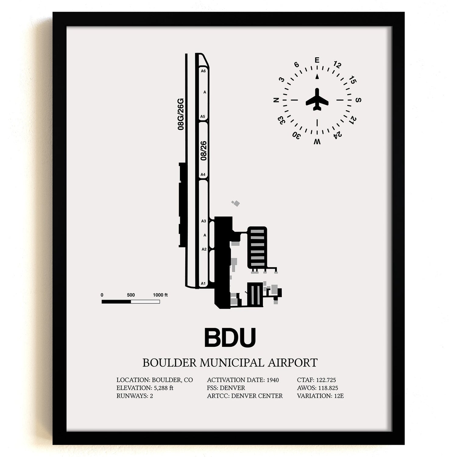 Framed Detailed Airport Map of Boulder Municipal Airport (BDU) in White with a Black Frame