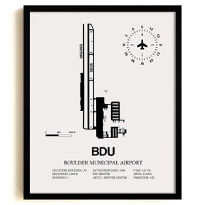 Framed Detailed Airport Map of Boulder Municipal Airport (BDU) in White with a Black Frame