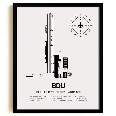 Framed Detailed Airport Map of Boulder Municipal Airport (BDU) in White with a Black Frame