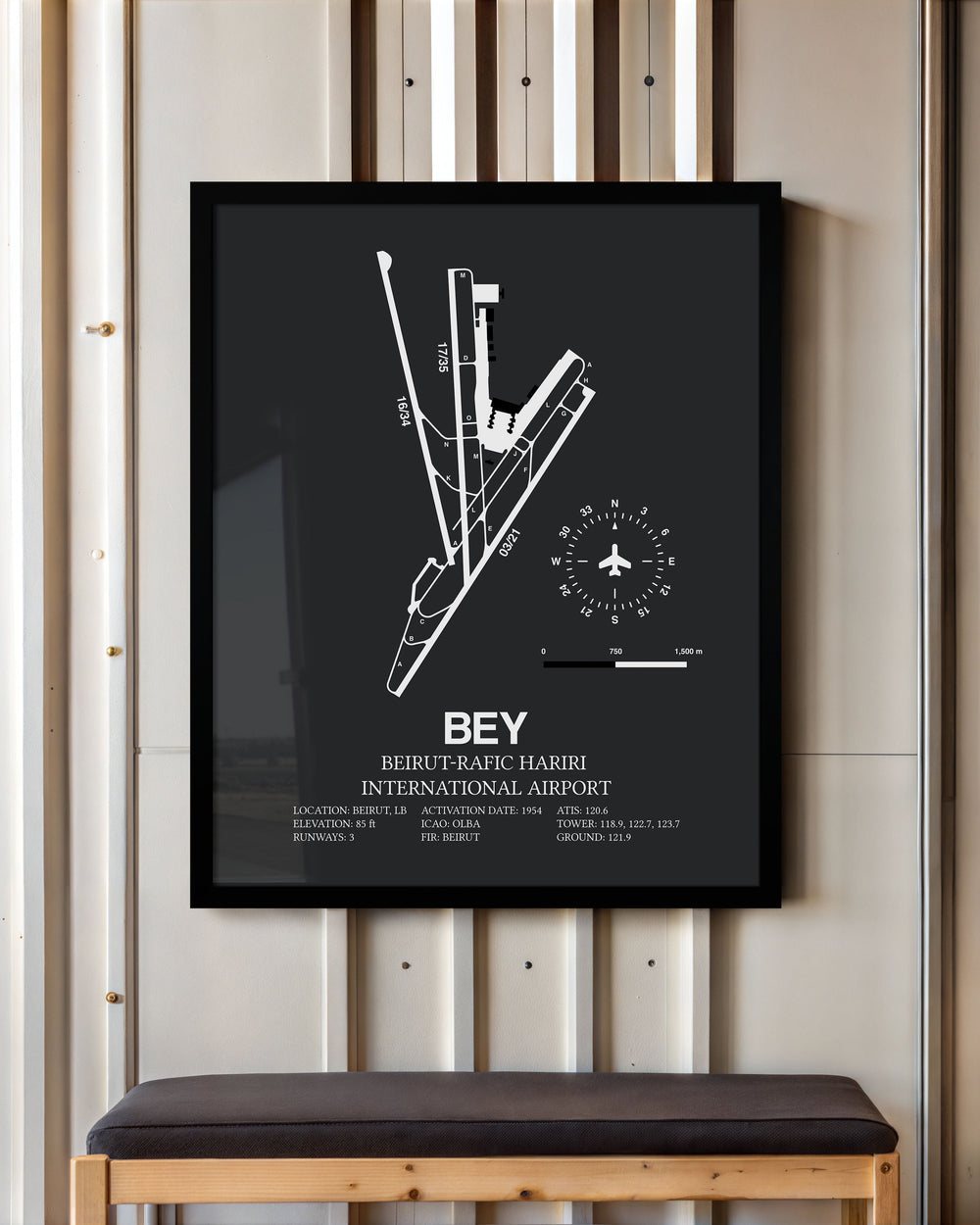 Framed Detailed Airport Map of Beirut-Rafic Hariri International Airport (BEY) in Gray with a Black Frame
