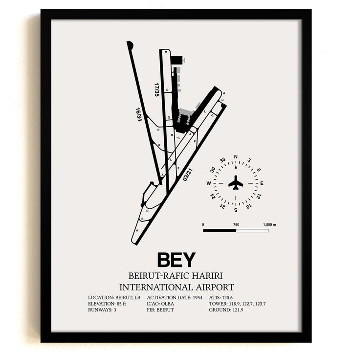 Framed Detailed Airport Map of Beirut-Rafic Hariri International Airport (BEY) in White with a Black Frame