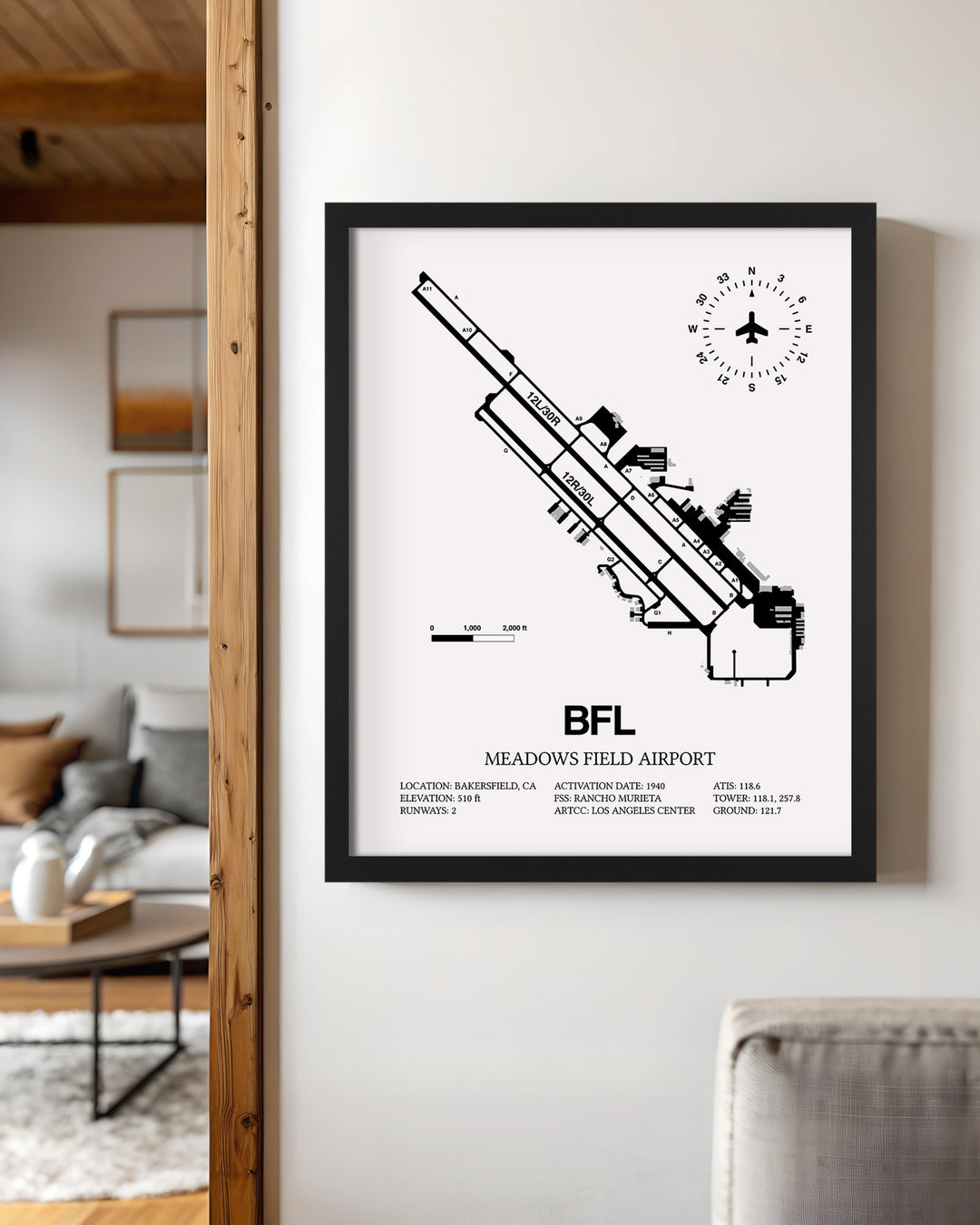 Framed Detailed Airport Map of Meadows Field Airport (BFL) in White with a Black Frame