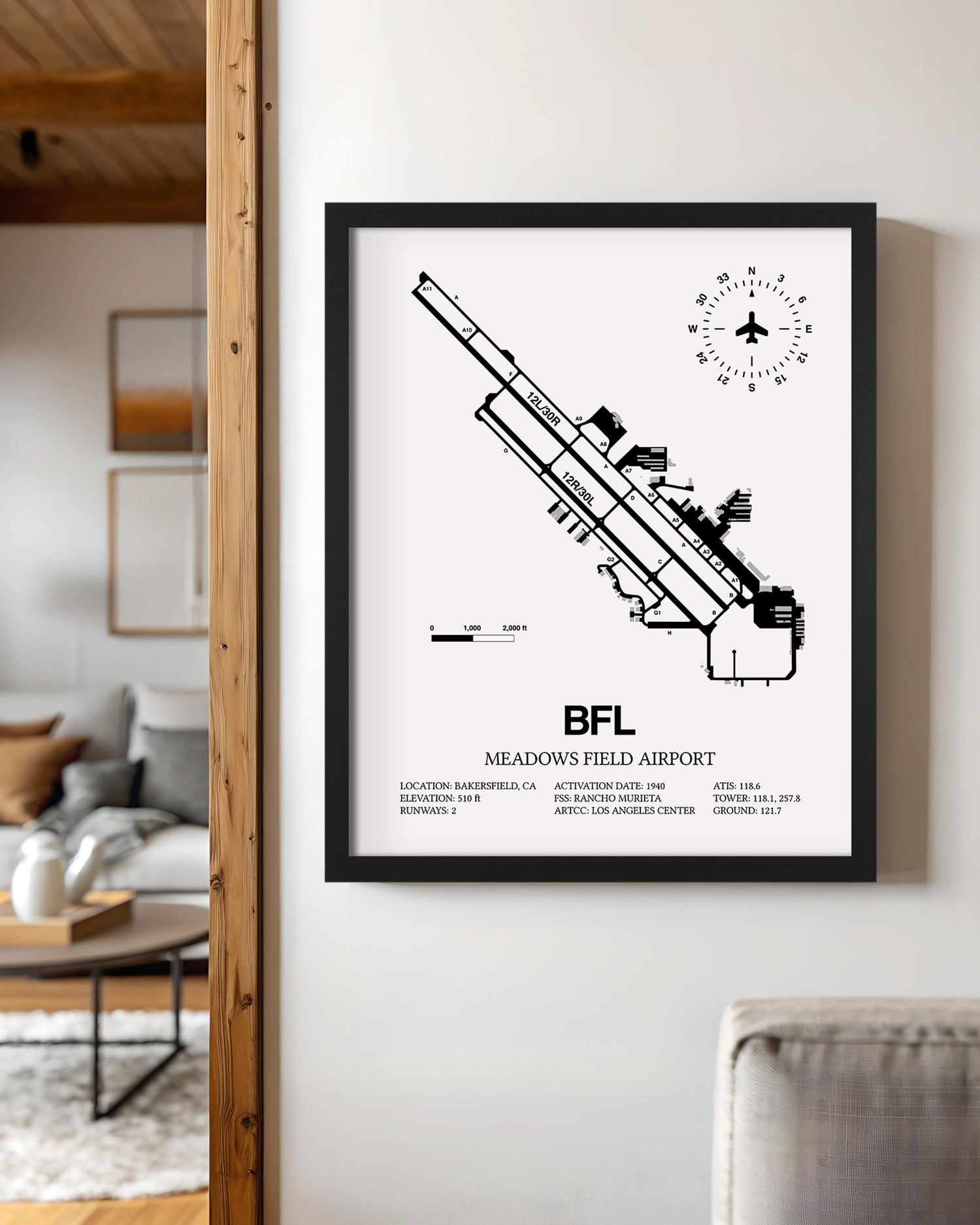 Framed Detailed Airport Map of Meadows Field Airport (BFL) in White with a Black Frame