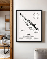 Framed Detailed Airport Map of Meadows Field Airport (BFL) in White with a Black Frame