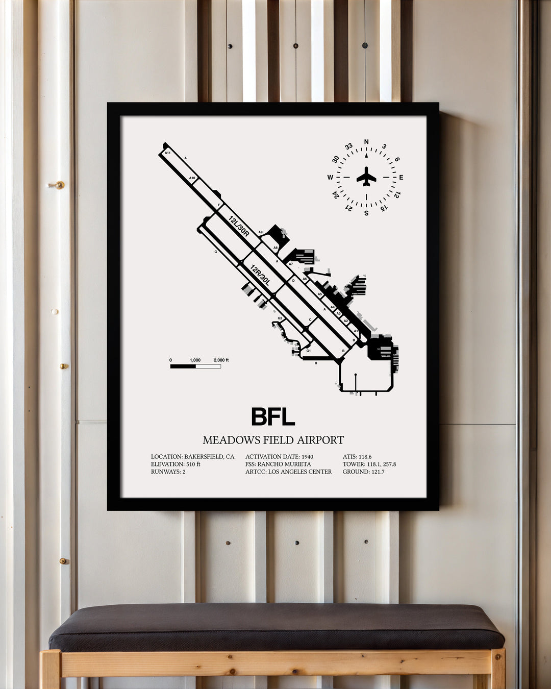 Framed Detailed Airport Map of Meadows Field Airport (BFL) in White with a Black Frame