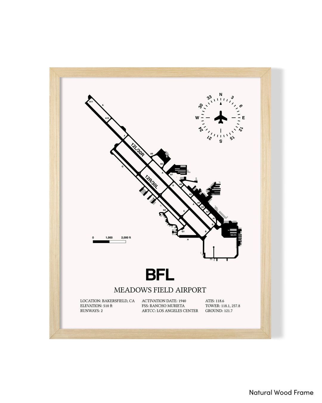 Detailed Airport Map of Meadows Field Airport (BFL) in White with a Natural Frame