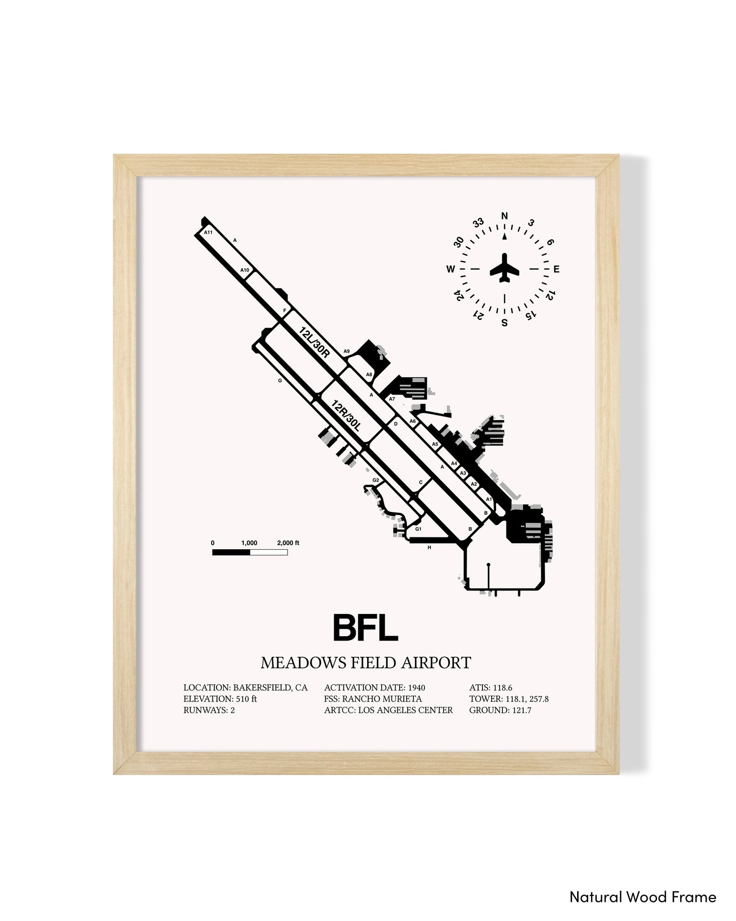 Detailed Airport Map of Meadows Field Airport (BFL) in White with a Natural Frame
