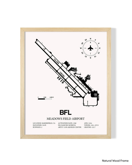 Detailed Airport Map of Meadows Field Airport (BFL) in White with a Natural Frame
