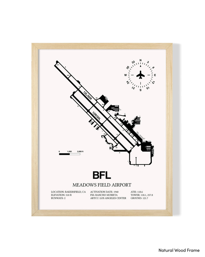 Detailed Airport Map of Meadows Field Airport (BFL) in White with a Natural Frame