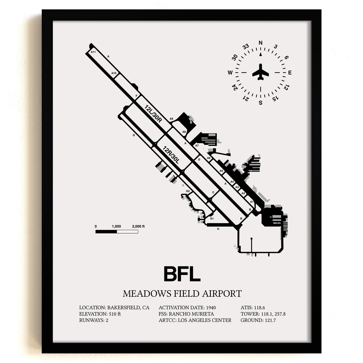 Framed Detailed Airport Map of Meadows Field Airport (BFL) in White with a Black Frame