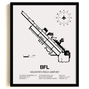 Framed Detailed Airport Map of Meadows Field Airport (BFL) in White with a Black Frame