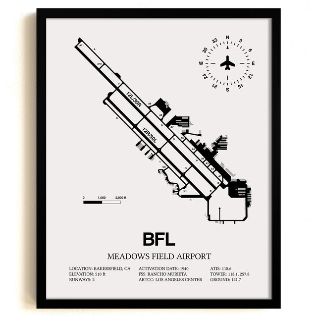 Framed Detailed Airport Map of Meadows Field Airport (BFL) in White with a Black Frame