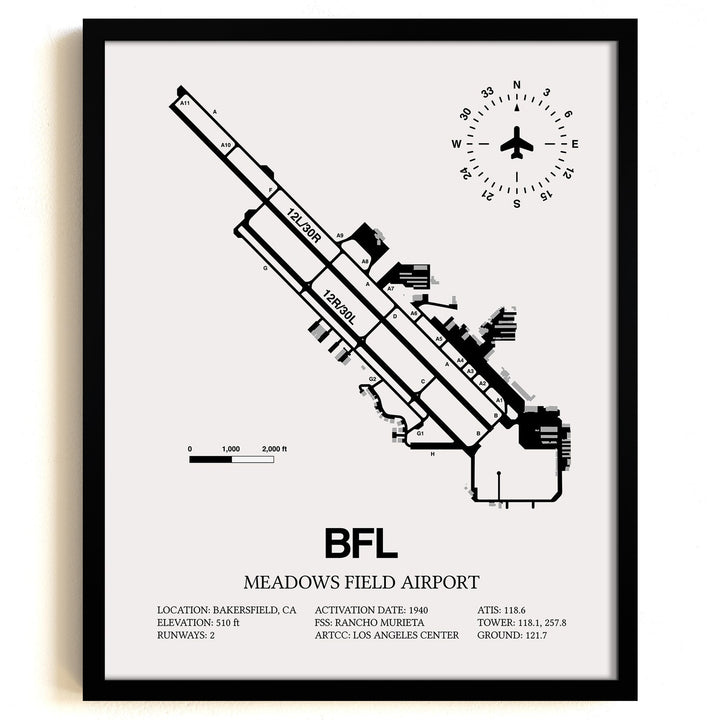 Framed Detailed Airport Map of Meadows Field Airport (BFL) in White with a Black Frame