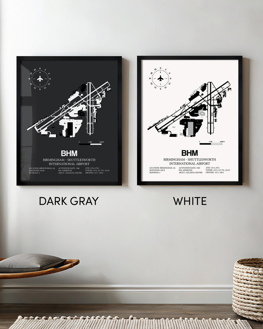 Framed Detailed Airport Map of Birmingham-Shuttlesworth International Airport (BHM) in White and Gray