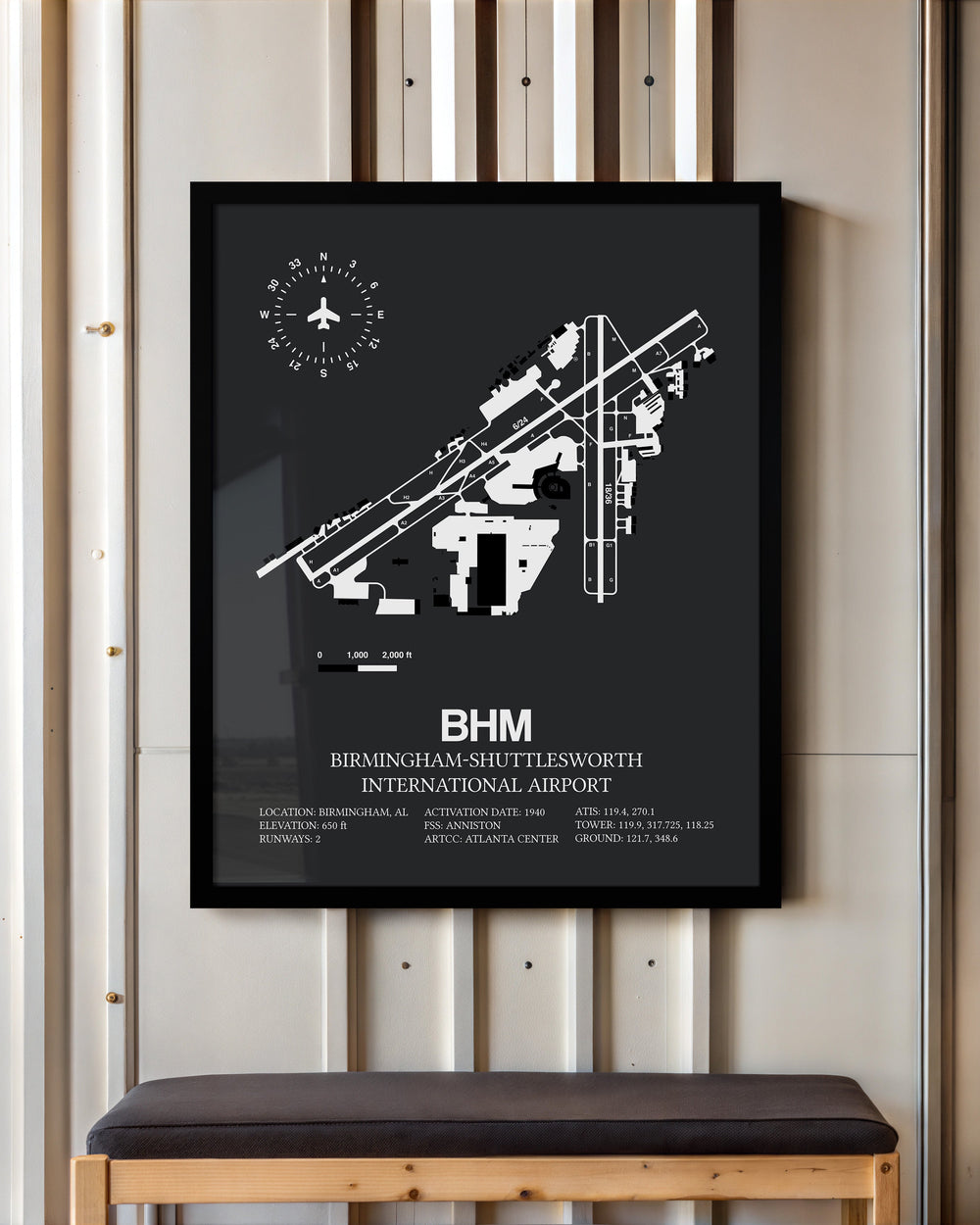 Framed Detailed Airport Map of Birmingham-Shuttlesworth International Airport (BHM) in Gray with a Black Frame