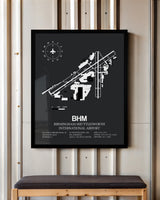 Framed Detailed Airport Map of Birmingham-Shuttlesworth International Airport (BHM) in Gray with a Black Frame